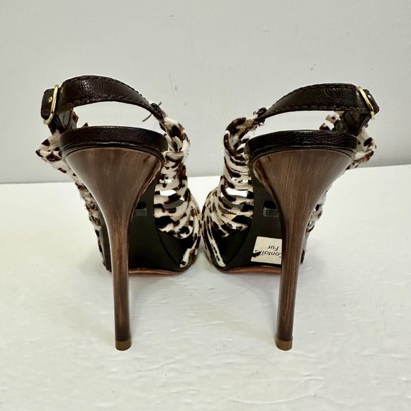 L.A.M.B. LAMB STRAPPY SLINGBACK LEATHER AND FUR STILLETO HIGH HEELS - Picture 4 of 10